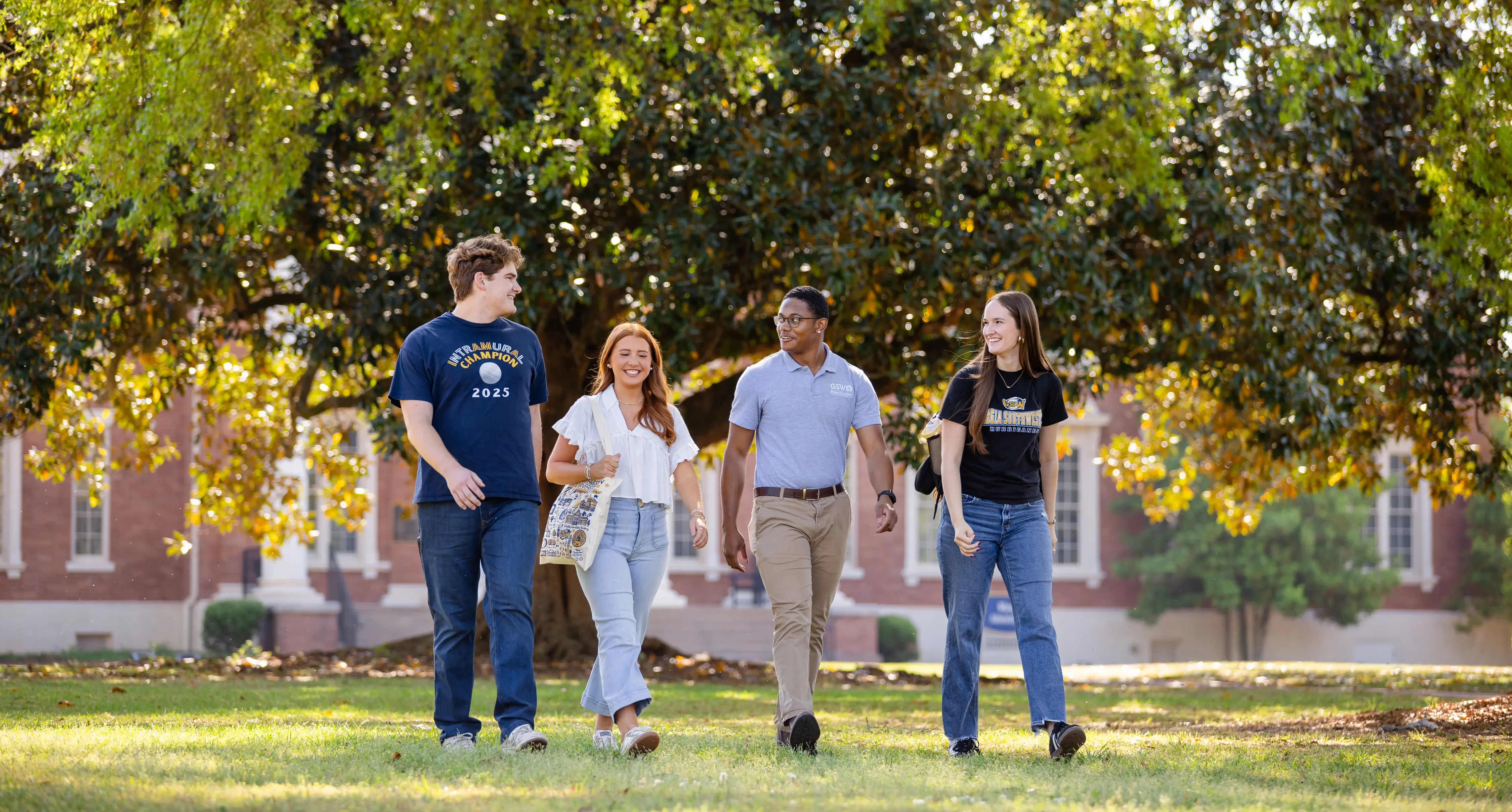 Students walking outside on GSW campus together