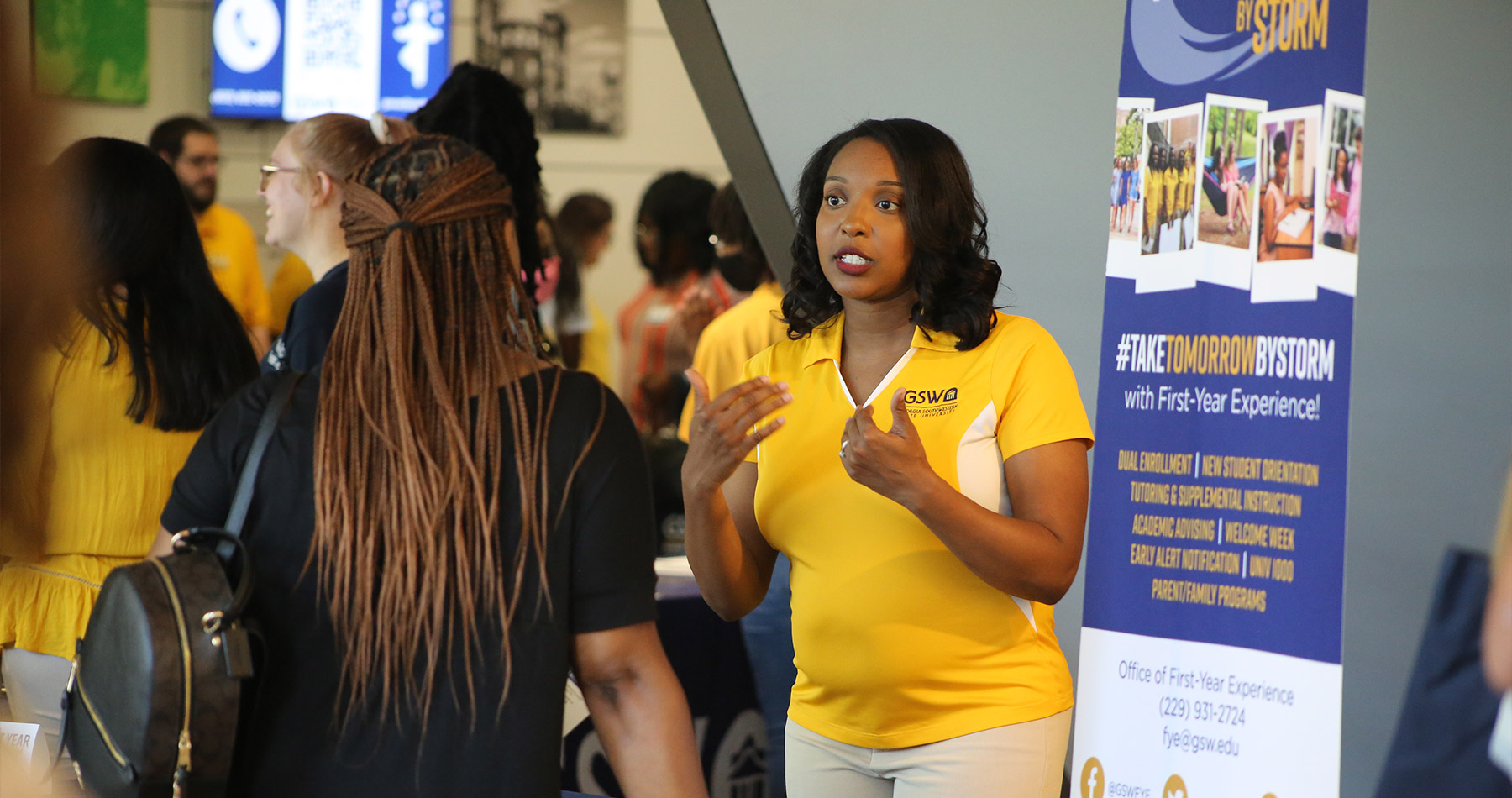student receiving information at storm day