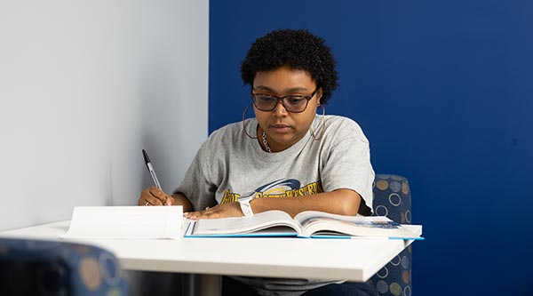 student working with notebook