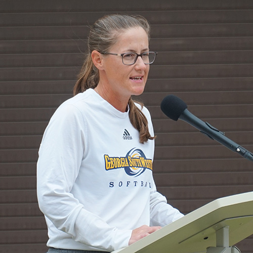 Nicki Levering speaks at podium