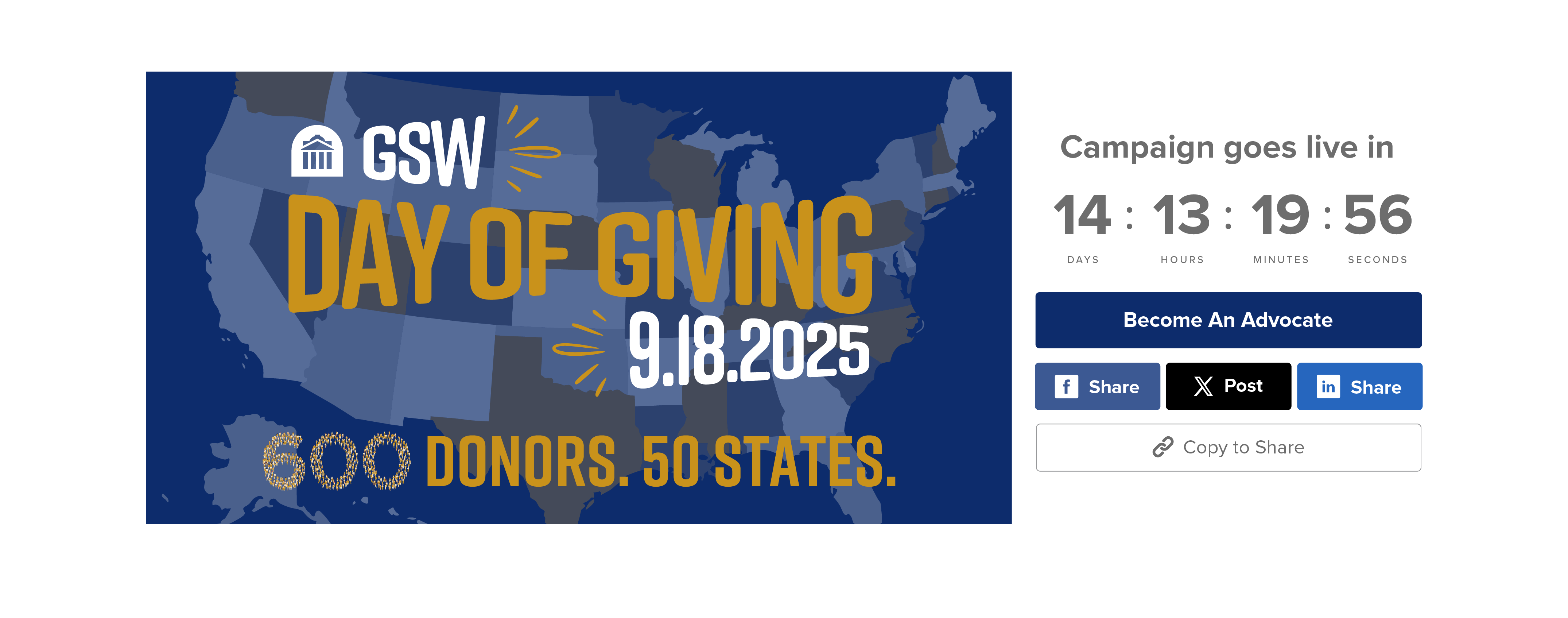 Screenshot of Give Campus campaign page with advocate sharing tools