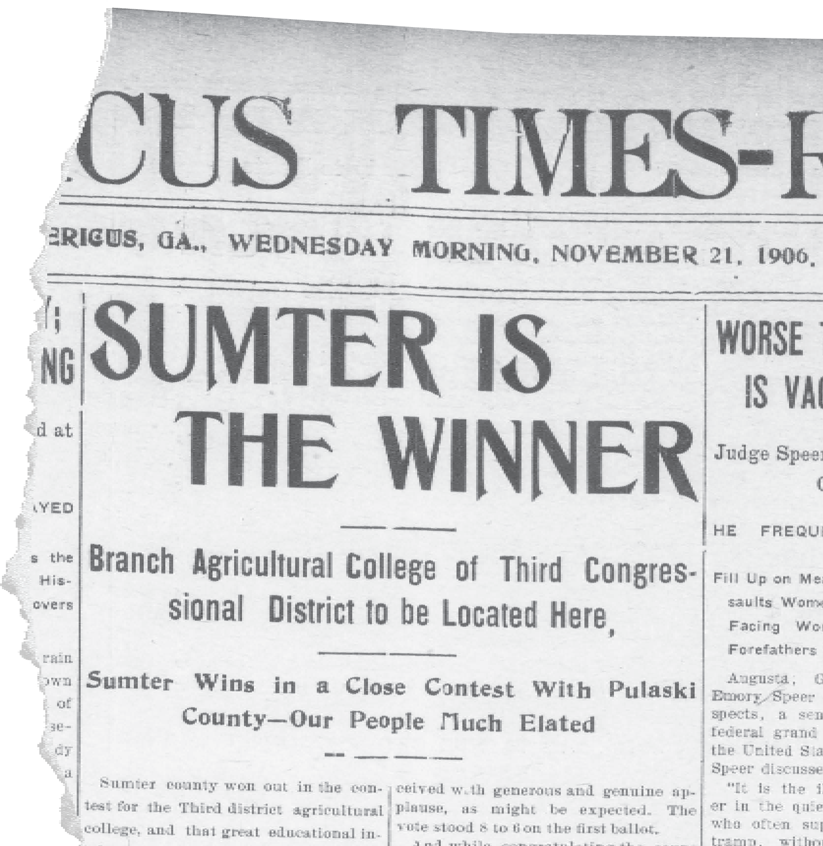 newspaper announces that "Sumter is the Winner" of new college site