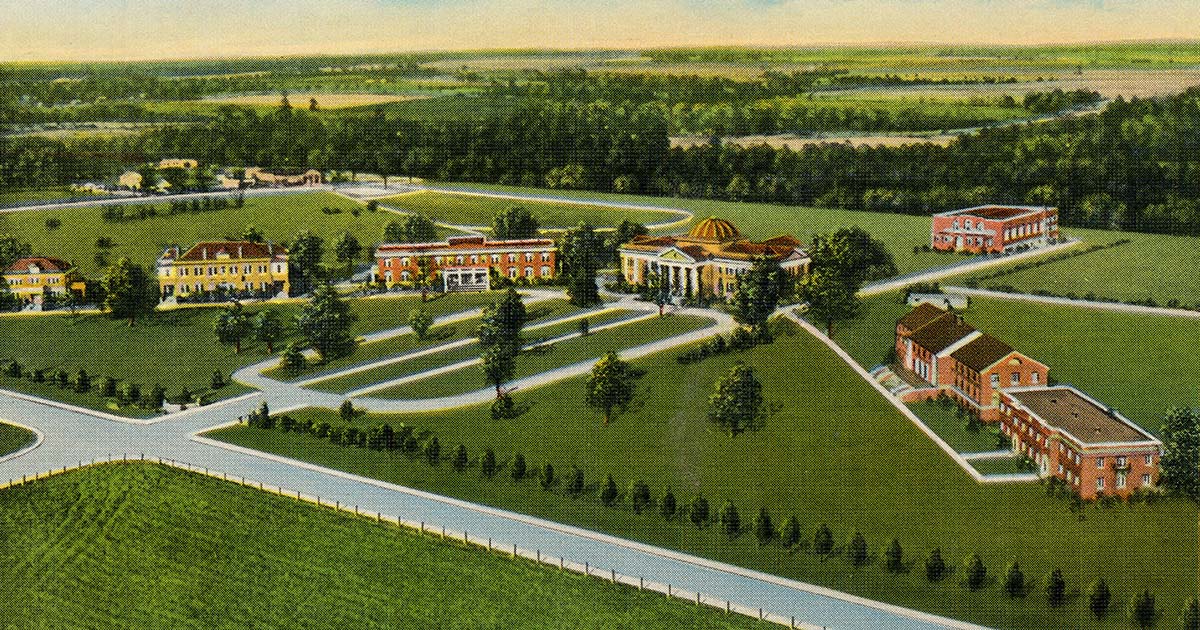 vintage aerial view postcard of campus