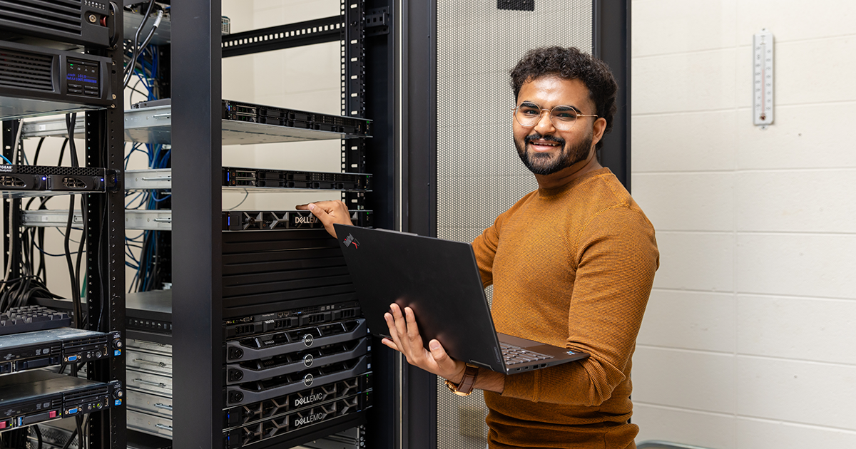 Student working on a server