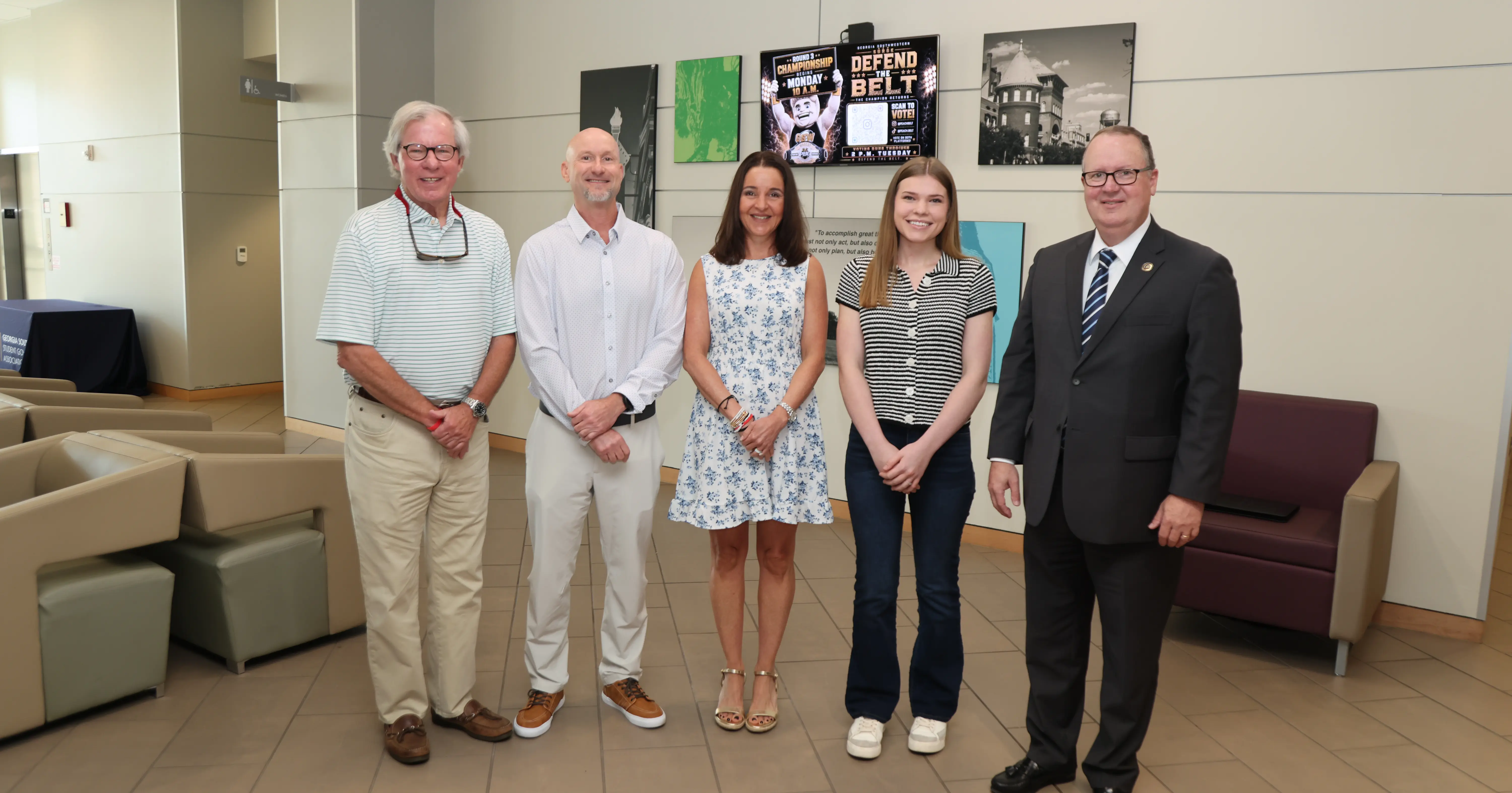 Laken Riley's parents meet with the scholarship recipient, a donor, and GSW President Kerry Palmer