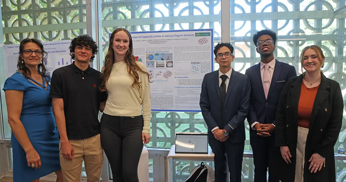 Students gather around project poster