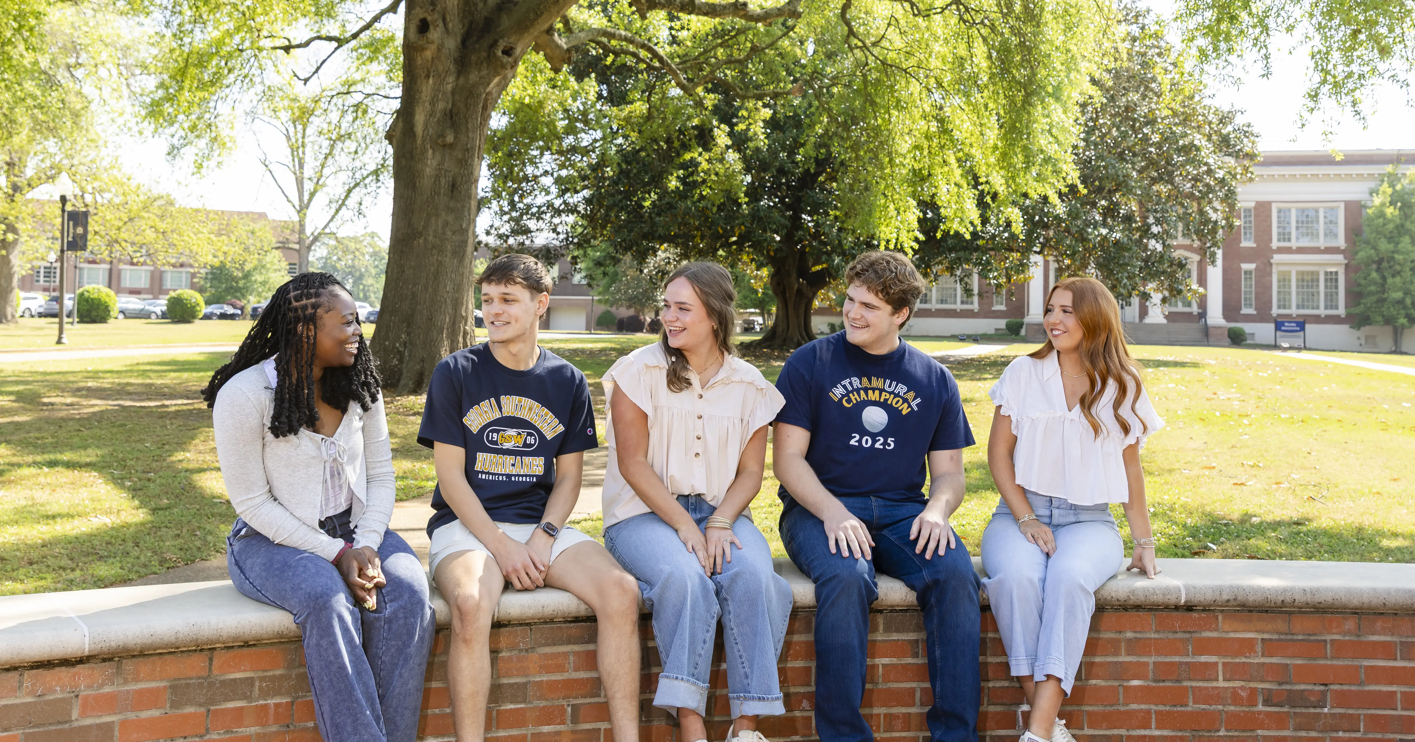 Students gathered outside socializing on GSW's campus