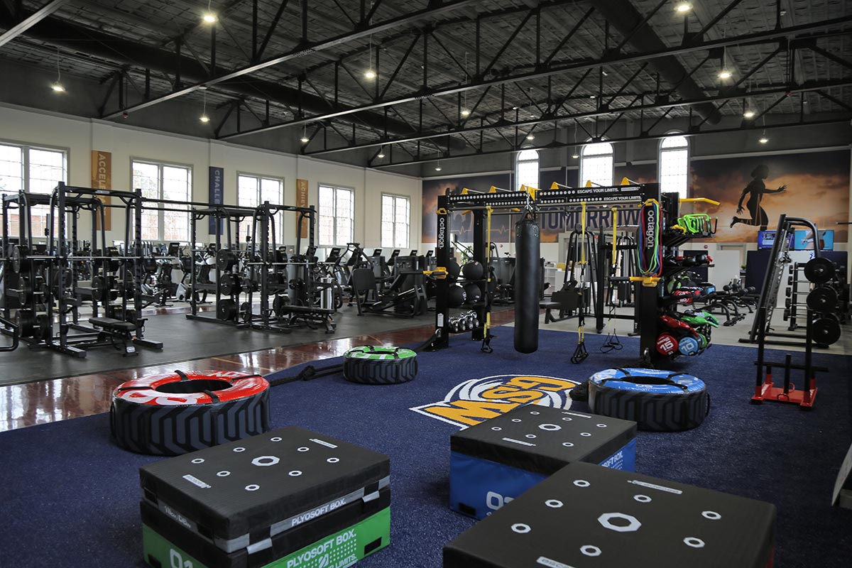 Functional fitness turf area features two sets of battle ropes, flipping tires, jump boxes, and more.